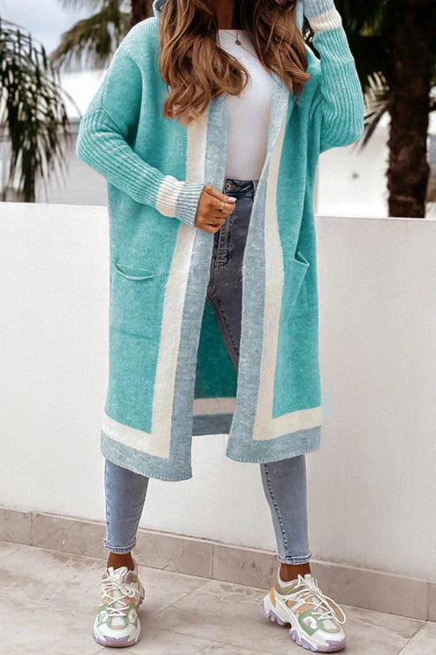 Women's Long Cardigan - Open Front - Soft Knit - Ribbed Cuffs - With Pockets