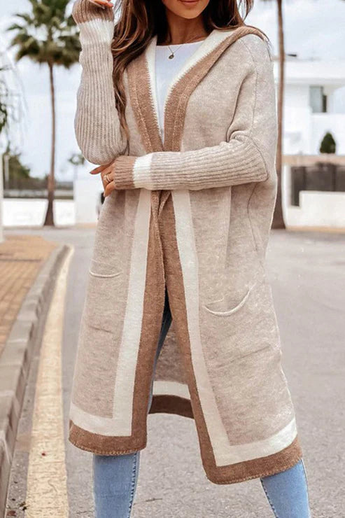 Women's Long Cardigan - Open Front - Soft Knit - Ribbed Cuffs - With Pockets
