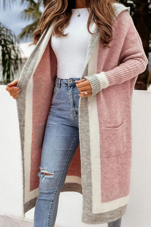 Women's Long Cardigan - Open Front - Soft Knit - Ribbed Cuffs - With Pockets