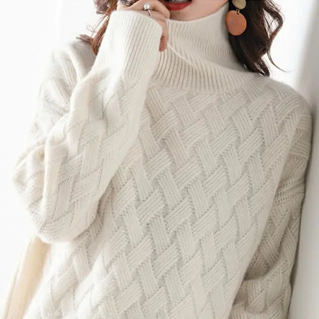 Women's Turtleneck Sweater - Cable Knit - Soft Wool Blend - Loose Fit