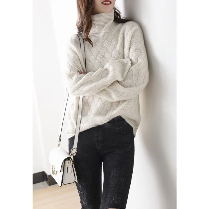 Women's Turtleneck Sweater - Cable Knit - Soft Wool Blend - Loose Fit