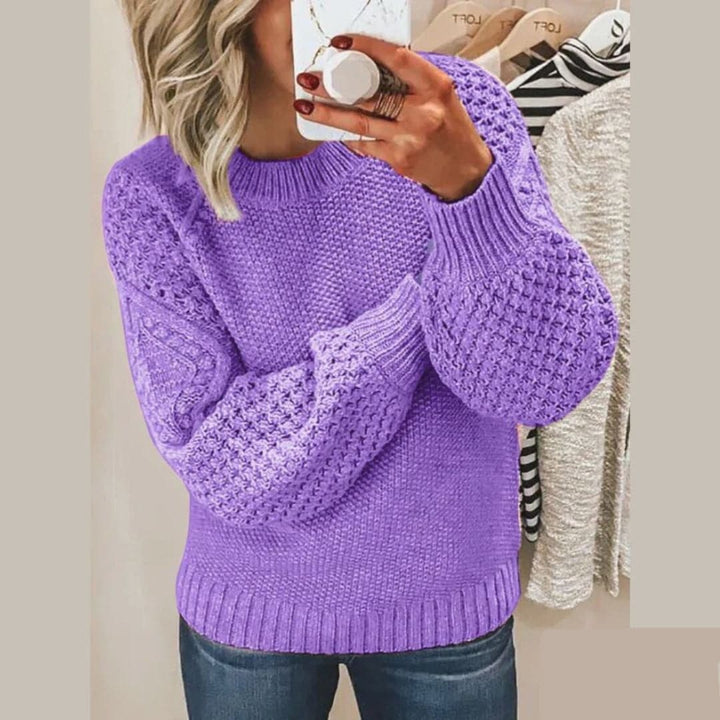 Women's Knit Sweater - Soft Knit - Relaxed Fit - Balloon Sleeves and Round Neck