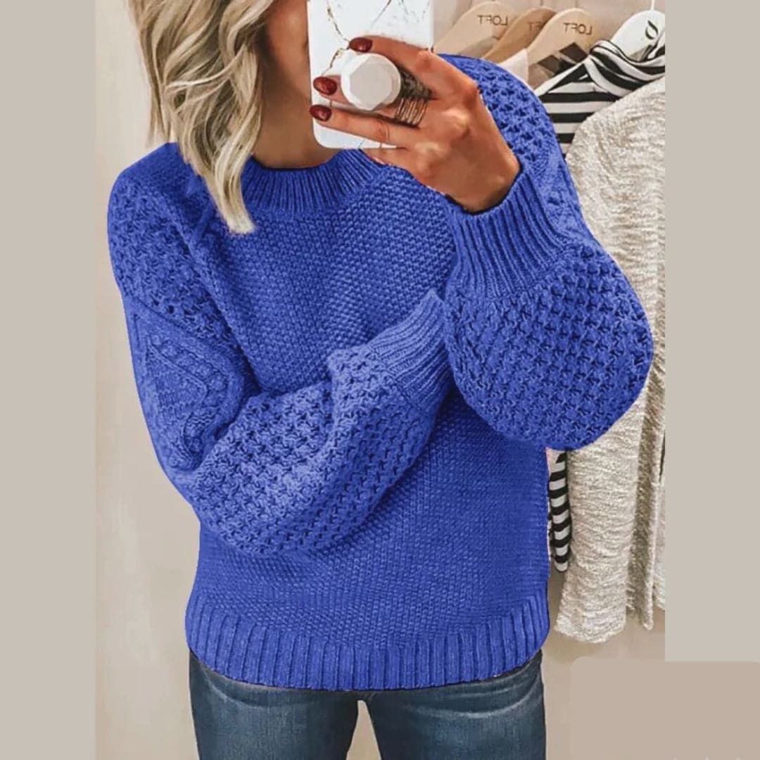 Women's Knit Sweater - Soft Knit - Relaxed Fit - Balloon Sleeves and Round Neck