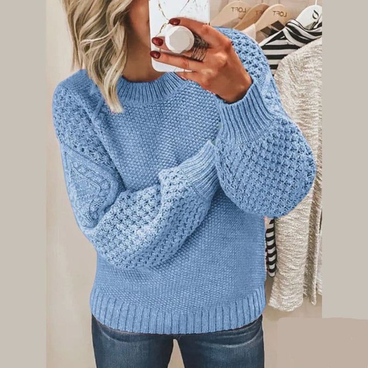 Women's Knit Sweater - Soft Knit - Relaxed Fit - Balloon Sleeves and Round Neck