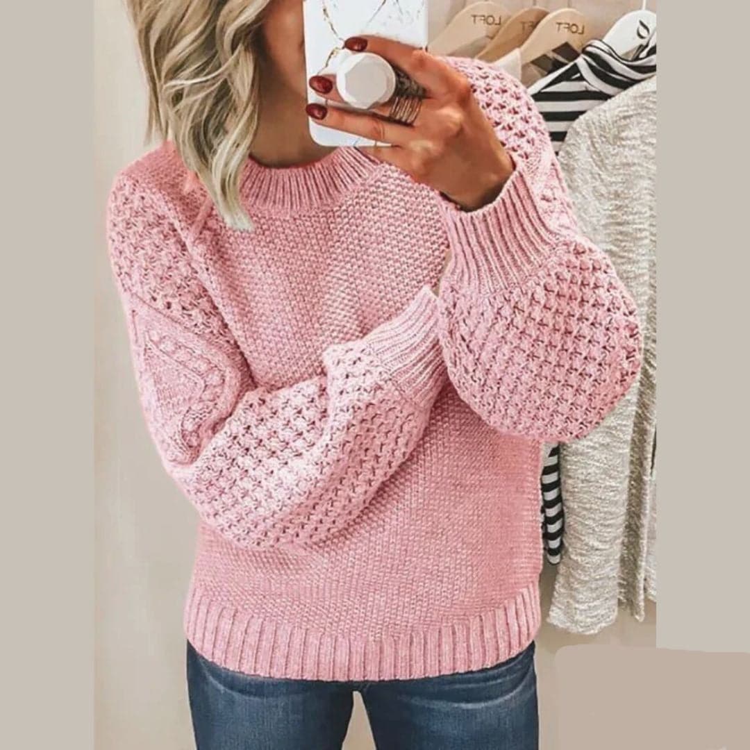 Women's Knit Sweater - Soft Knit - Relaxed Fit - Balloon Sleeves and Round Neck