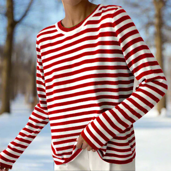 Women's Long-Sleeve T-shirt - Striped - Round Neck - Relaxed Fit - Breathable Cotton