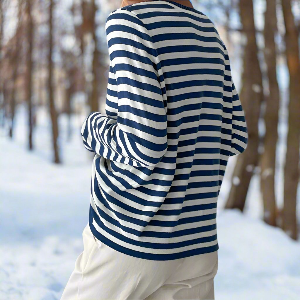 Women's Long-Sleeve T-shirt - Striped - Round Neck - Relaxed Fit - Breathable Cotton