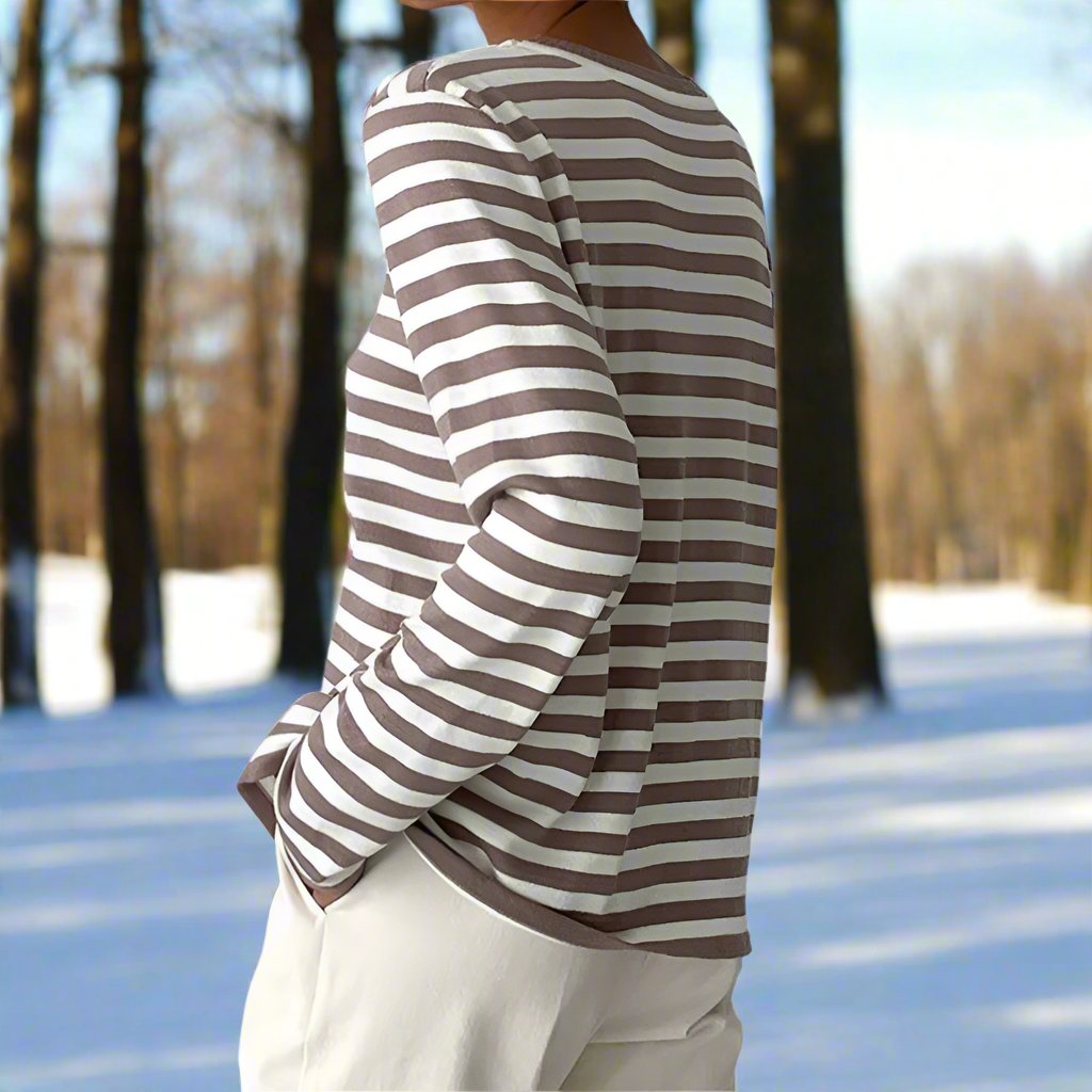 Women's Long-Sleeve T-shirt - Striped - Round Neck - Relaxed Fit - Breathable Cotton