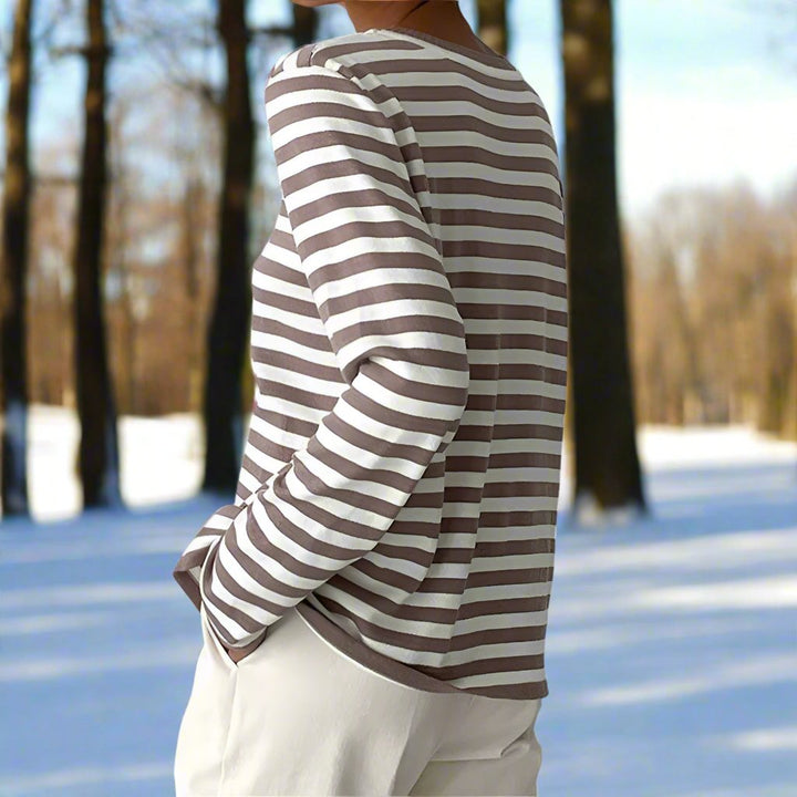 Women's Long-Sleeve T-shirt - Striped - Round Neck - Relaxed Fit - Breathable Cotton