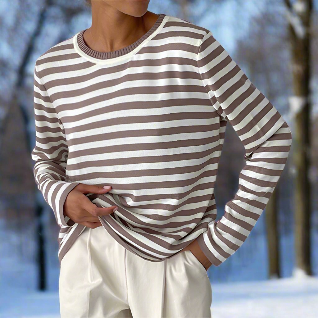 Women's Long-Sleeve T-shirt - Striped - Round Neck - Relaxed Fit - Breathable Cotton