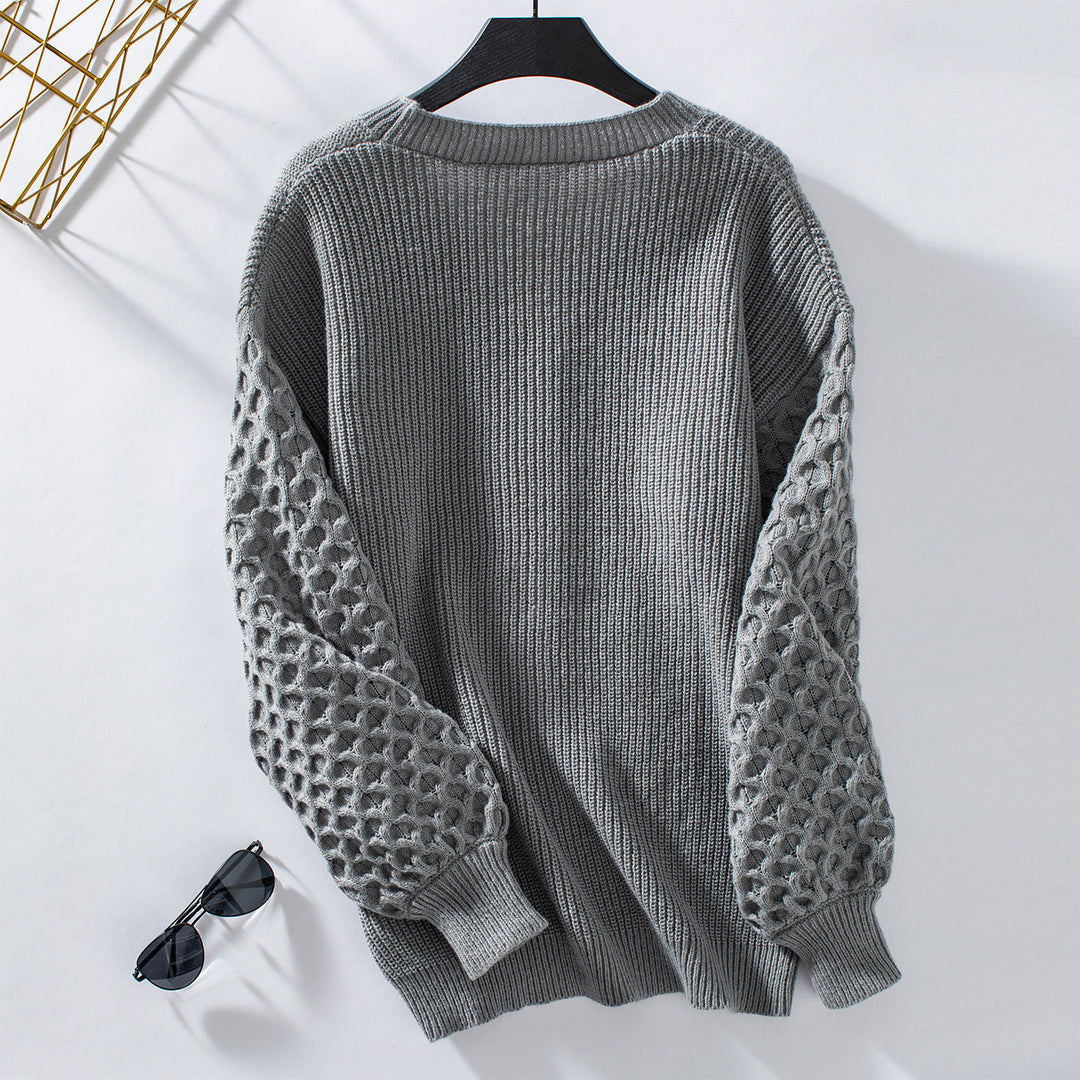 Women's Cardigan - V-Neck Knit - Button Closure - Balloon Sleeves - Relaxed Fit