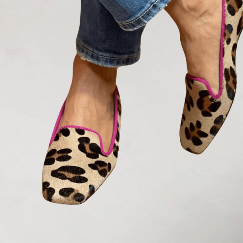Yvonne | Printed Synthetic Suede Moccasins with Pink Trim