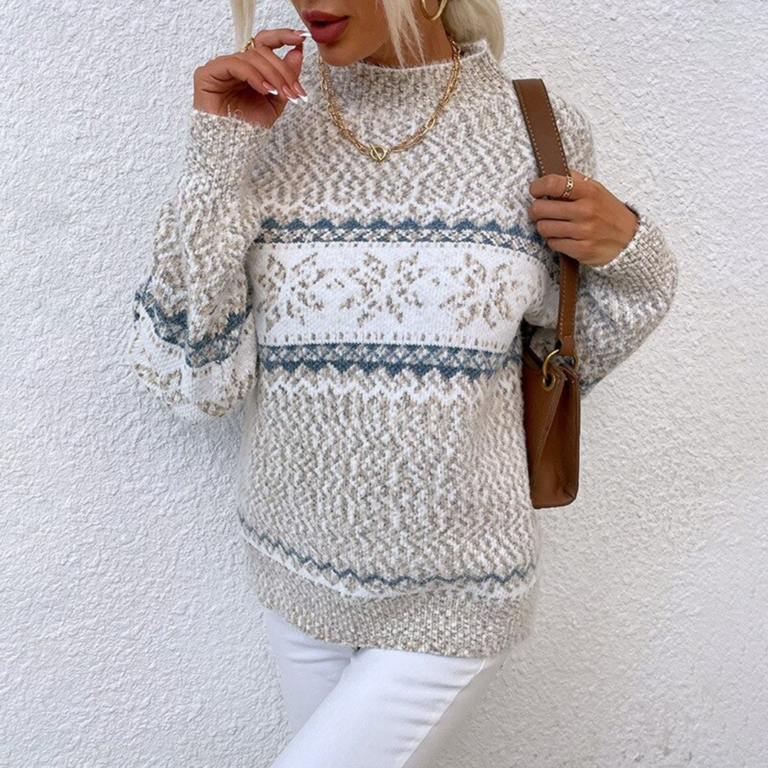 Women's Knit Sweater - Nordic Pattern - Soft Wool Blend - Round Neck - Long Sleeved