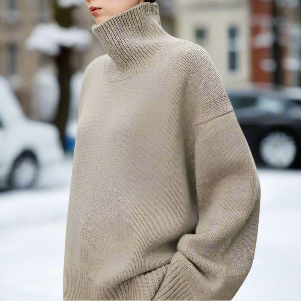 Women's Turtleneck Sweater - Knitted Wool Blend - Oversized Fit - Soft and Warm