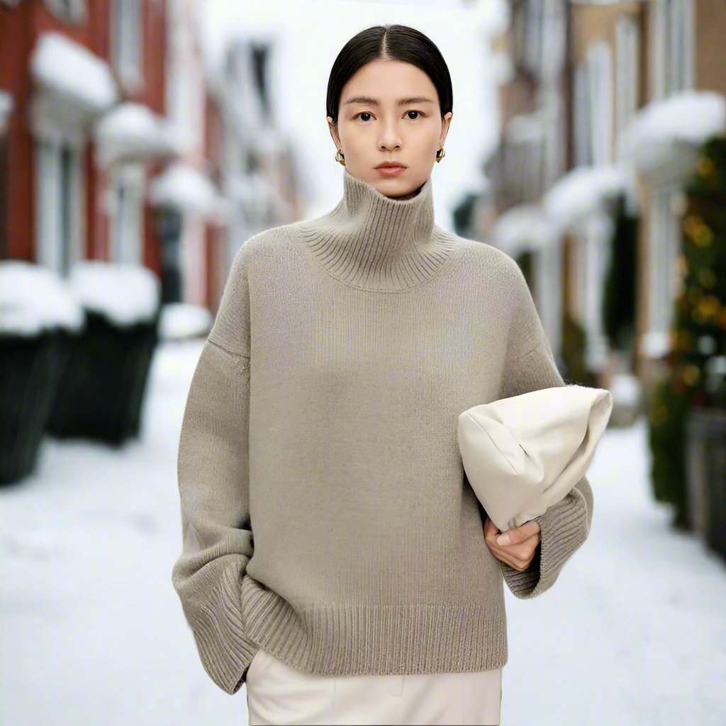 Women's Turtleneck Sweater - Knitted Wool Blend - Oversized Fit - Soft and Warm