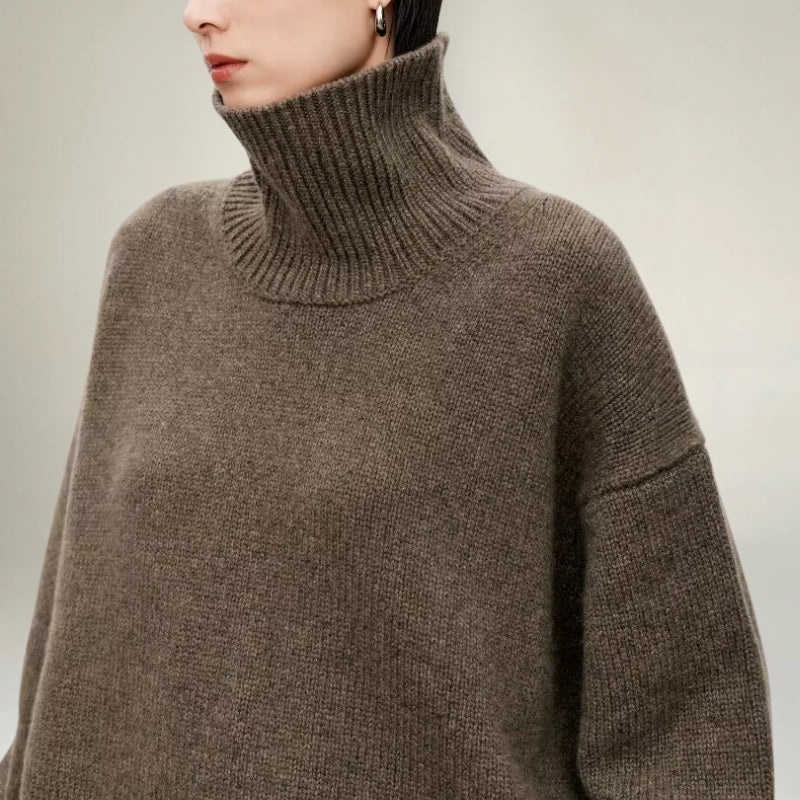 Women's Turtleneck Sweater - Knitted Wool Blend - Oversized Fit - Soft and Warm