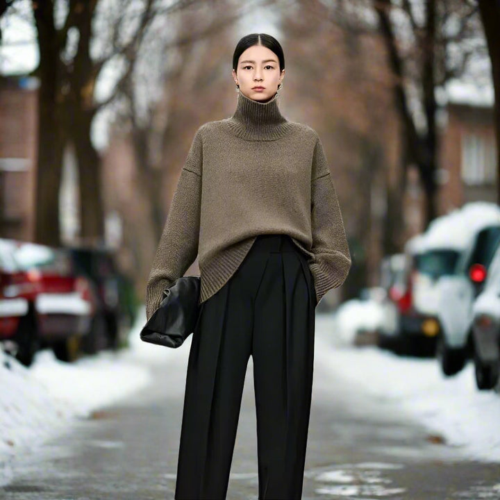 Women's Turtleneck Sweater - Knitted Wool Blend - Oversized Fit - Soft and Warm