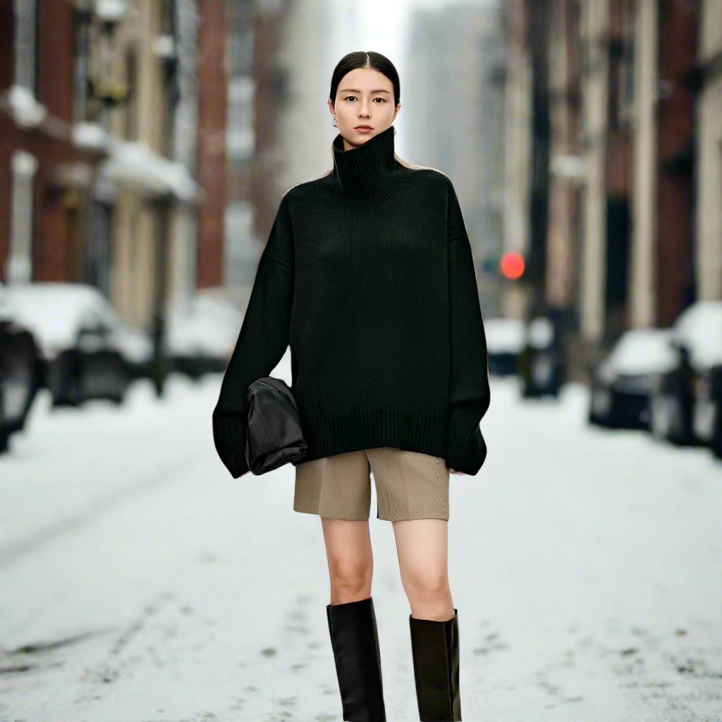 Women's Turtleneck Sweater - Knitted Wool Blend - Oversized Fit - Soft and Warm