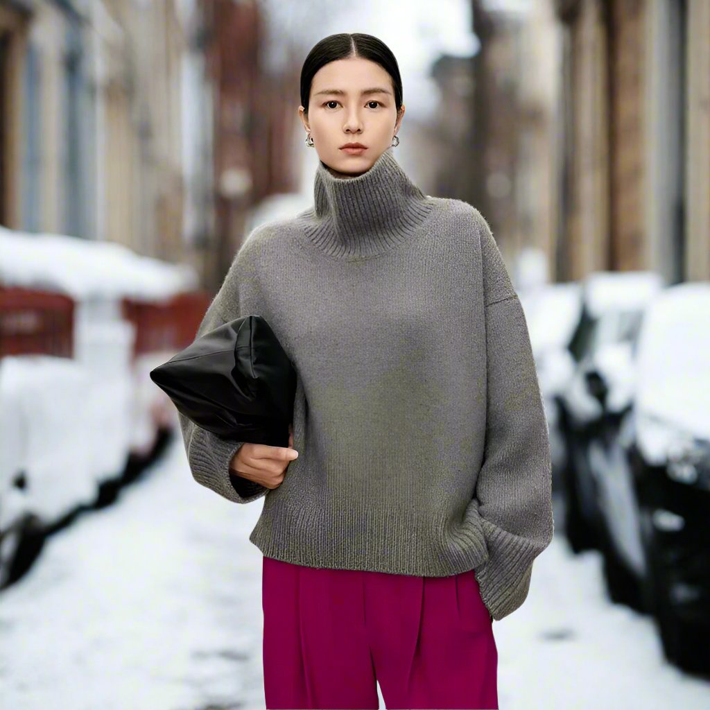 Women's Turtleneck Sweater - Knitted Wool Blend - Oversized Fit - Soft and Warm
