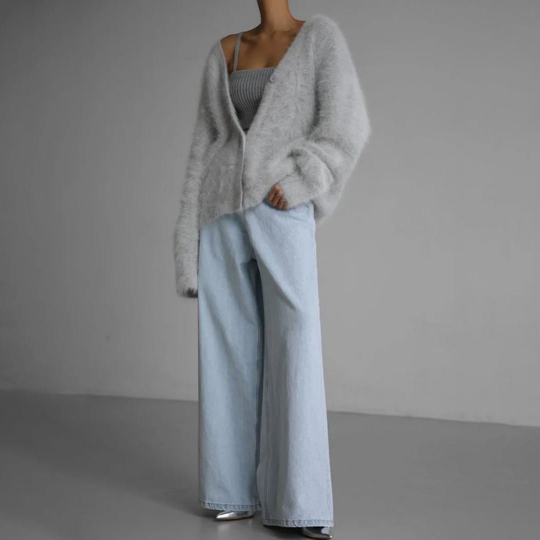 Women's Cardigan - Soft Mohair - Oversized Fit - Long Sleeves - Button Closure