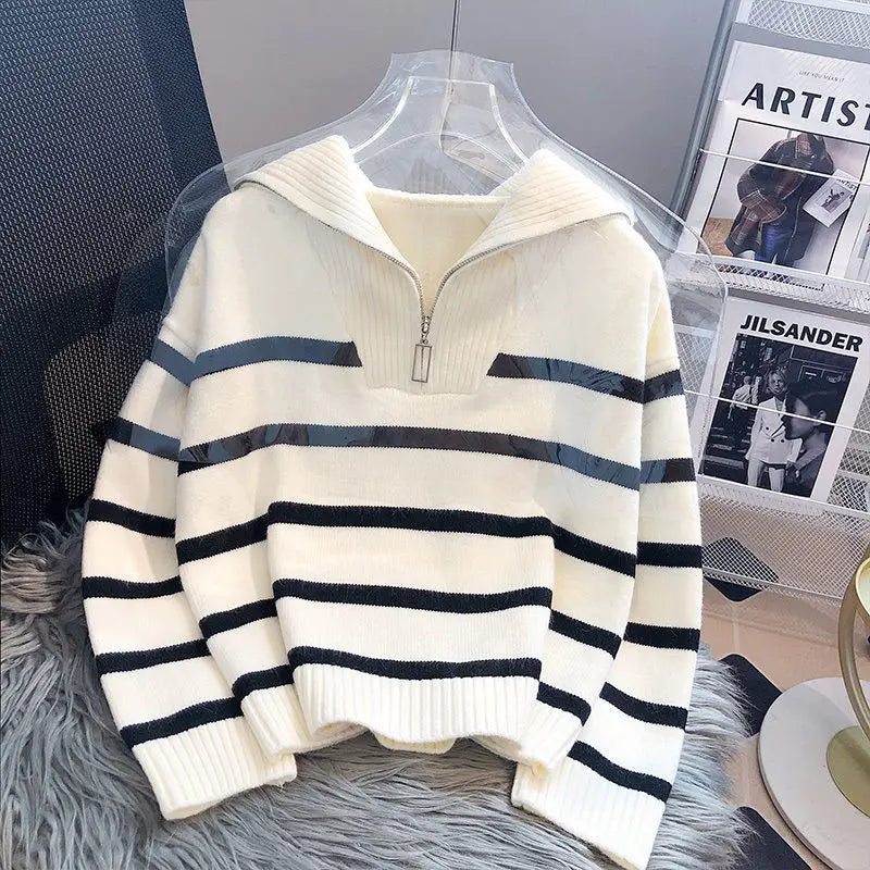 Women's Knit Sweater - Half Zipper - Soft and Warm - Striped Design - Ribbed Edges