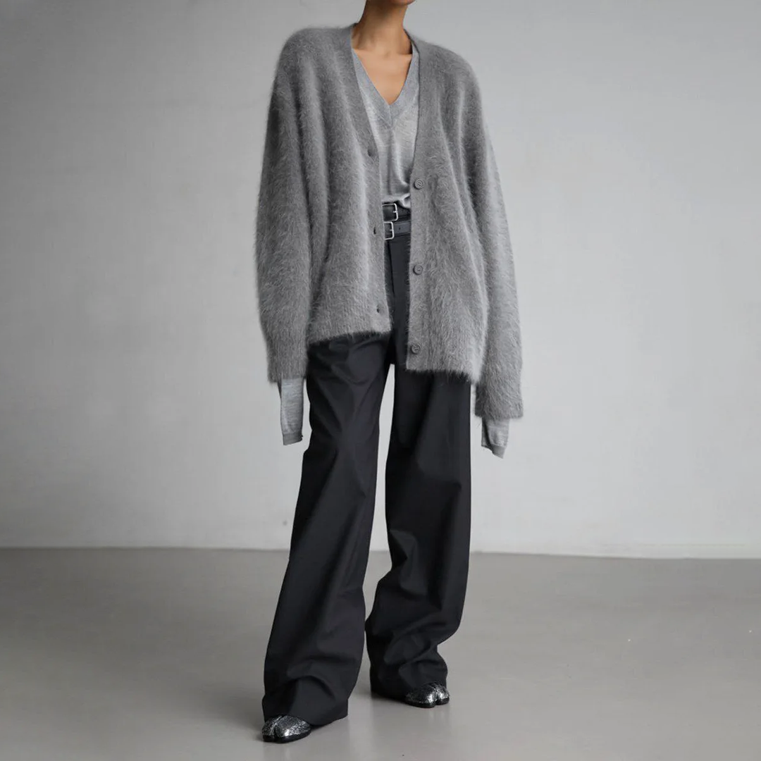 Women's Cardigan - Soft Mohair - Oversized Fit - Long Sleeves - Button Closure