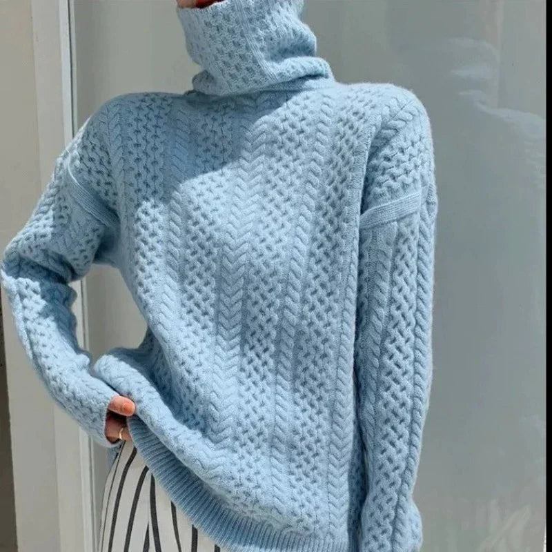 Women's Knit Sweater - Soft Wool - High Neck - Cable Knit Comfortable Warm