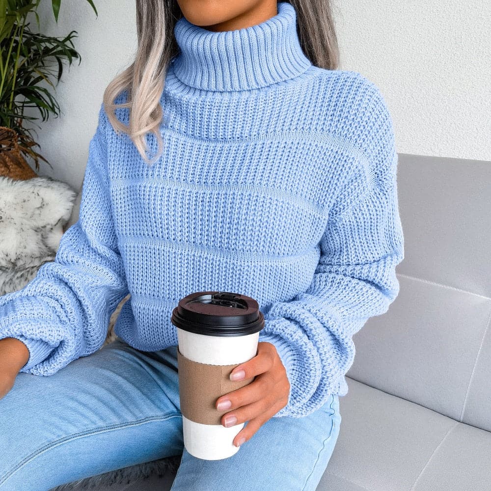 Women's Turtleneck Sweater - Soft Knit - Ribbed Design - Loose Fit - Long-Sleeved