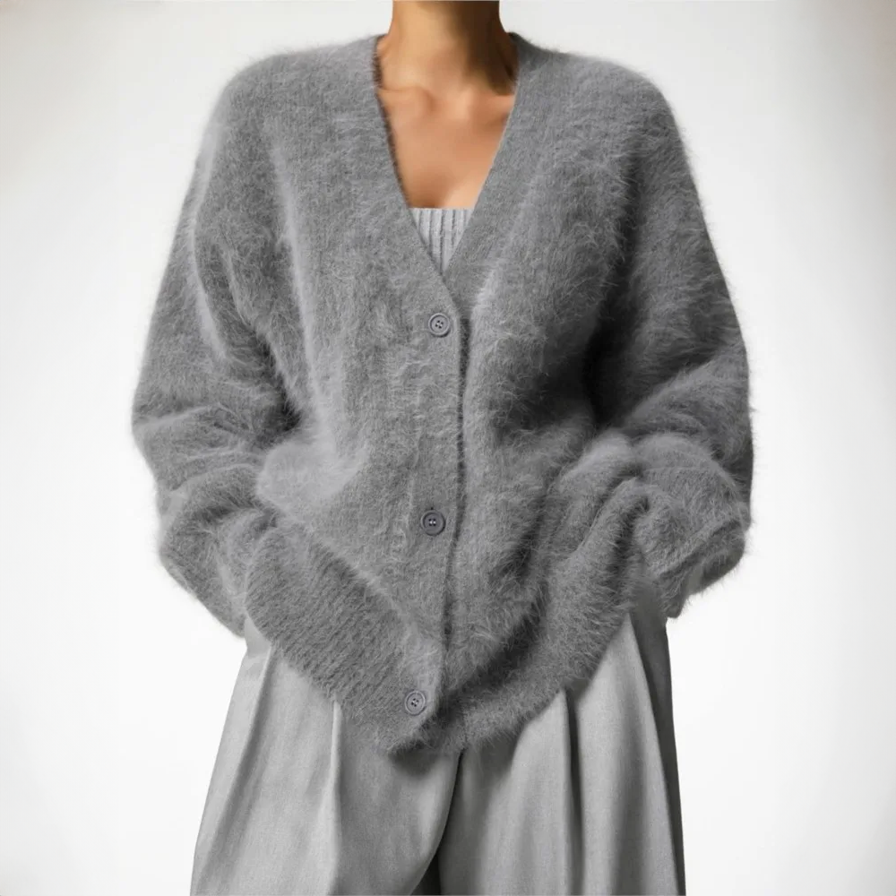 Women's Cardigan - Soft Mohair - Oversized Fit - Long Sleeves - Button Closure