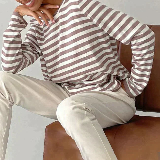 Women's Long-Sleeve T-shirt - Striped - Round Neck - Relaxed Fit - Breathable Cotton