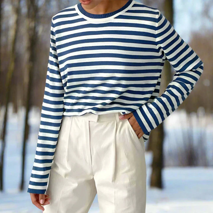 Women's Long-Sleeve T-shirt - Striped - Round Neck - Relaxed Fit - Breathable Cotton