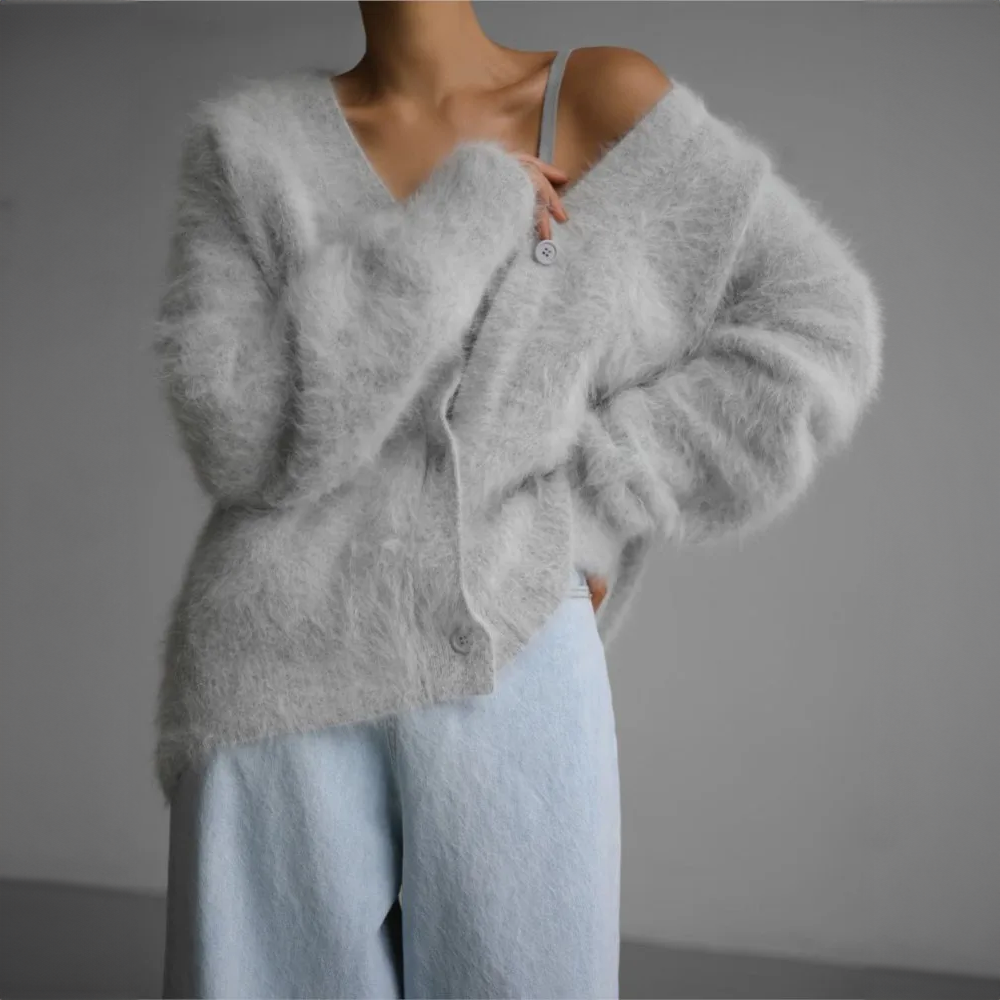 Women's Cardigan - Soft Mohair - Oversized Fit - Long Sleeves - Button Closure