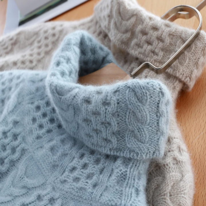 Women's Knit Sweater - Soft Wool - High Neck - Cable Knit Comfortable Warm