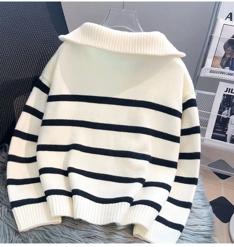Women's Knit Sweater - Half Zipper - Soft and Warm - Striped Design - Ribbed Edges