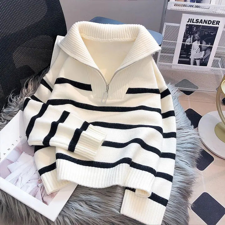 Women's Knit Sweater - Half Zipper - Soft and Warm - Striped Design - Ribbed Edges