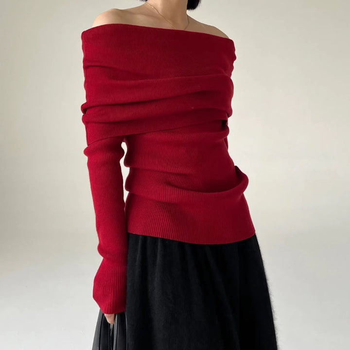 Women's Off-Shoulder Knit Sweater – Ribbed Knit – Tight-Fitting and Elegant Design