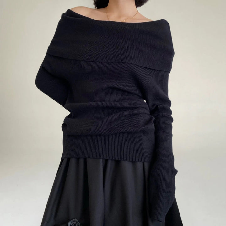 Women's Off-Shoulder Knit Sweater – Ribbed Knit – Tight-Fitting and Elegant Design