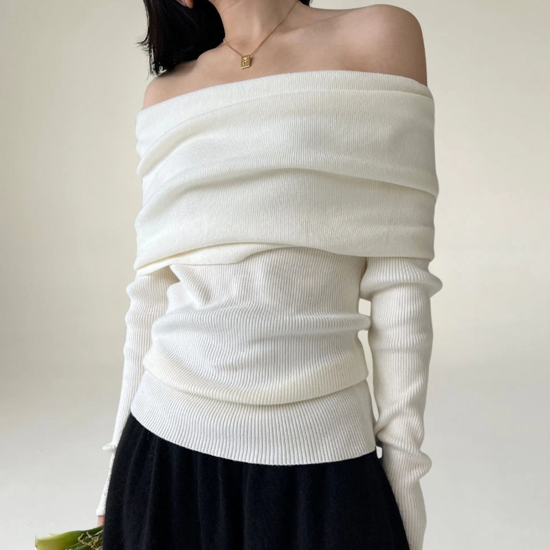 Women's Off-Shoulder Knit Sweater – Ribbed Knit – Tight-Fitting and Elegant Design