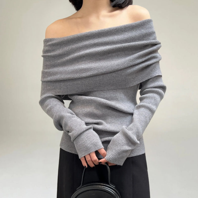 Women's Off-Shoulder Knit Sweater – Ribbed Knit – Tight-Fitting and Elegant Design