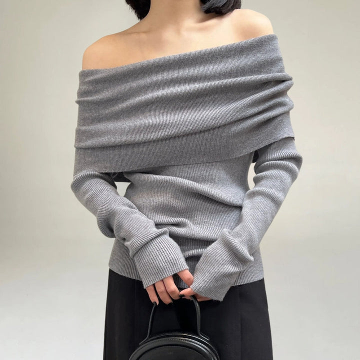 Women's Off-Shoulder Knit Sweater – Ribbed Knit – Tight-Fitting and Elegant Design