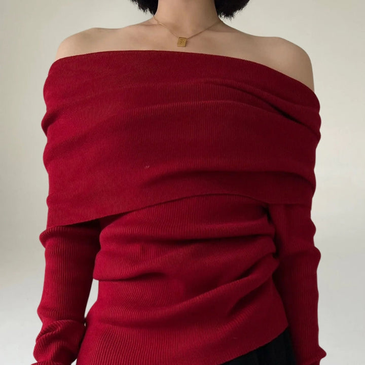 Women's Off-Shoulder Knit Sweater – Ribbed Knit – Tight-Fitting and Elegant Design