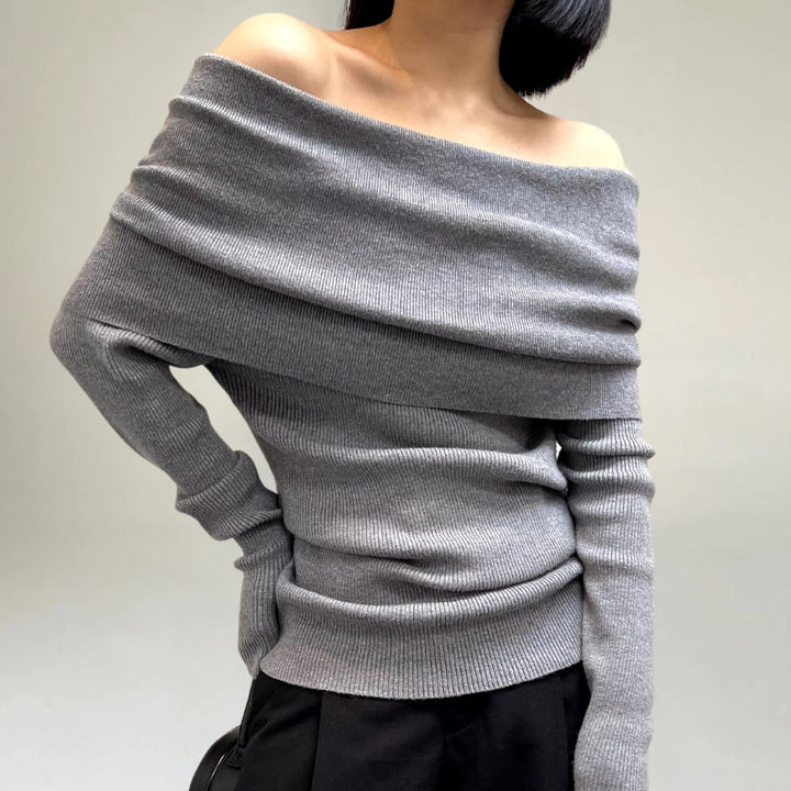 Women's Off-Shoulder Knit Sweater – Ribbed Knit – Tight-Fitting and Elegant Design