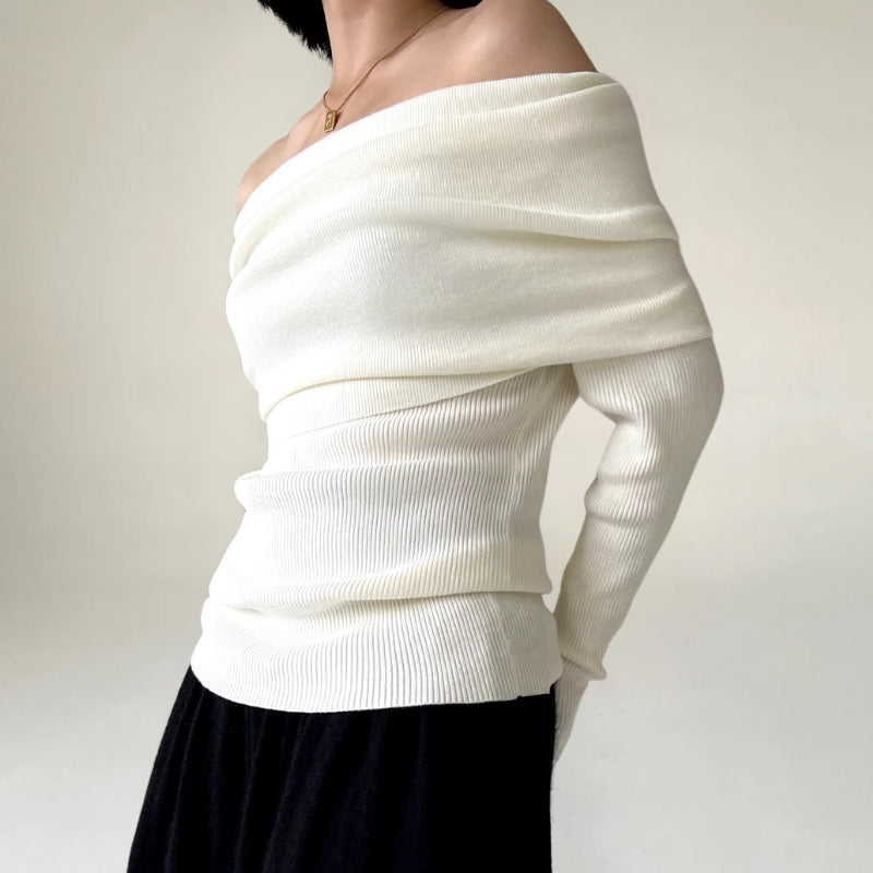 Women's Off-Shoulder Knit Sweater – Ribbed Knit – Tight-Fitting and Elegant Design