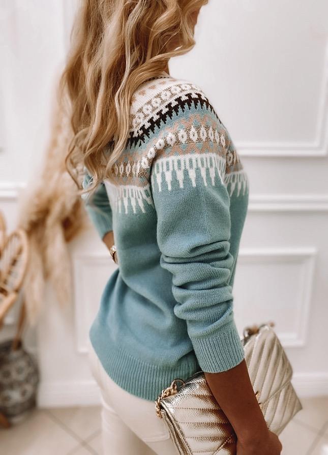 Women's Knit Sweater - Fair Isle Pattern - Round Neck - Soft and Warm