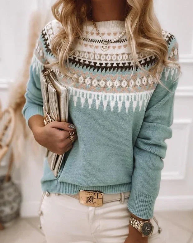 Women's Knit Sweater - Fair Isle Pattern - Round Neck - Soft and Warm