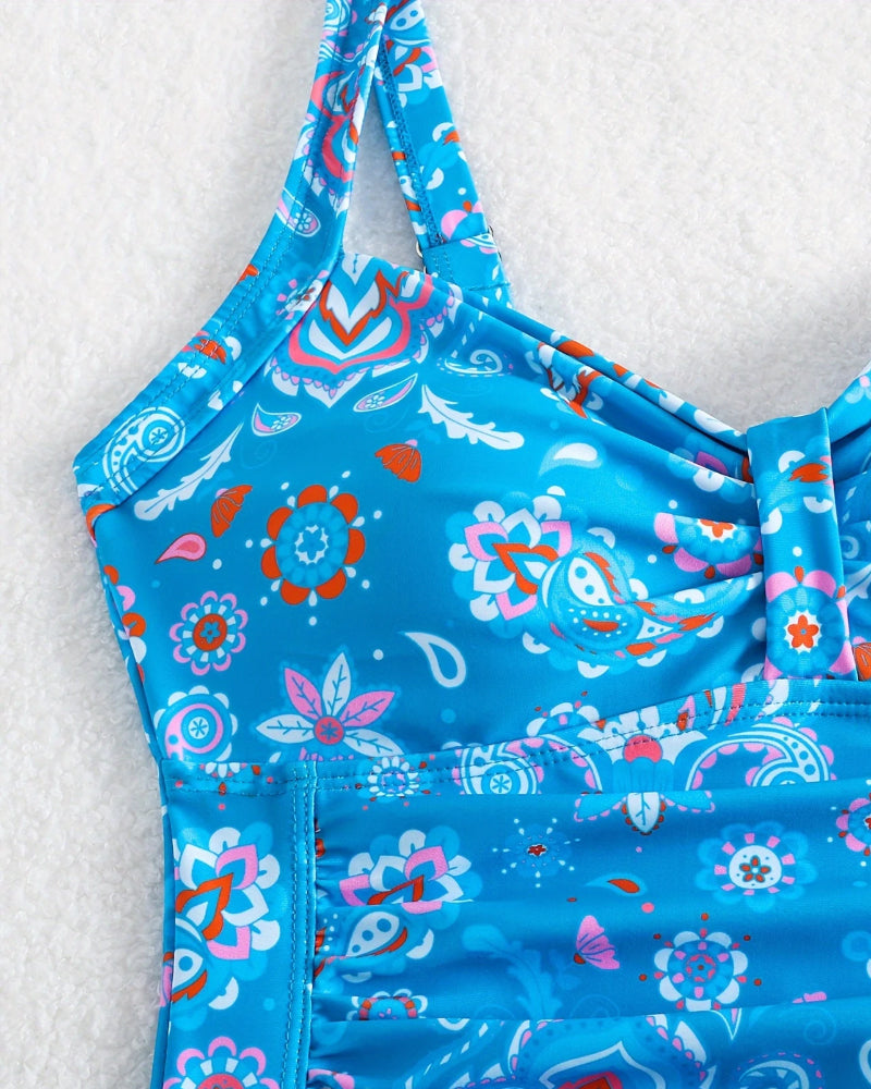 One-Piece Swimsuit with Folded Floral Patterns