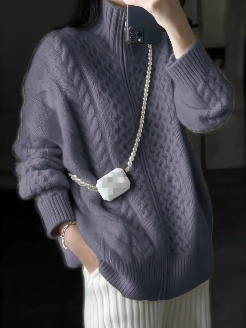 Woman's Cardigan - Cable Knit - High Collar with Zipper - Soft and Warm - Relaxed Fit
