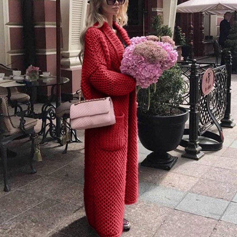 Women's Long Knitted Cardigan - Open Front - Chunky Knit - With Large Pockets