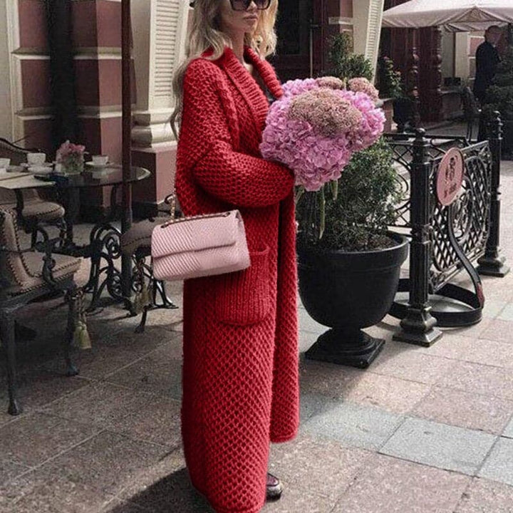 Women's Long Knitted Cardigan - Open Front - Chunky Knit - With Large Pockets