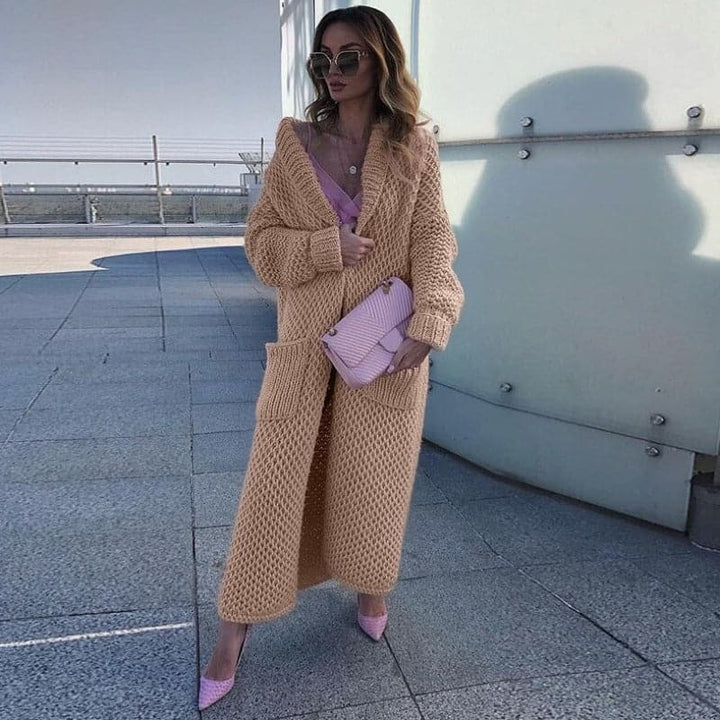 Women's Long Knitted Cardigan - Open Front - Chunky Knit - With Large Pockets